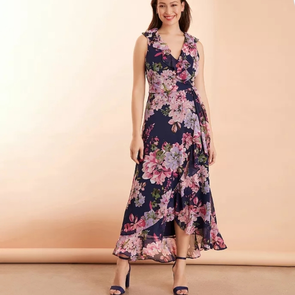 London Times Women's Ruffled Chiffon Flowy Floral Faux Wrap Maxi Dress Size 6